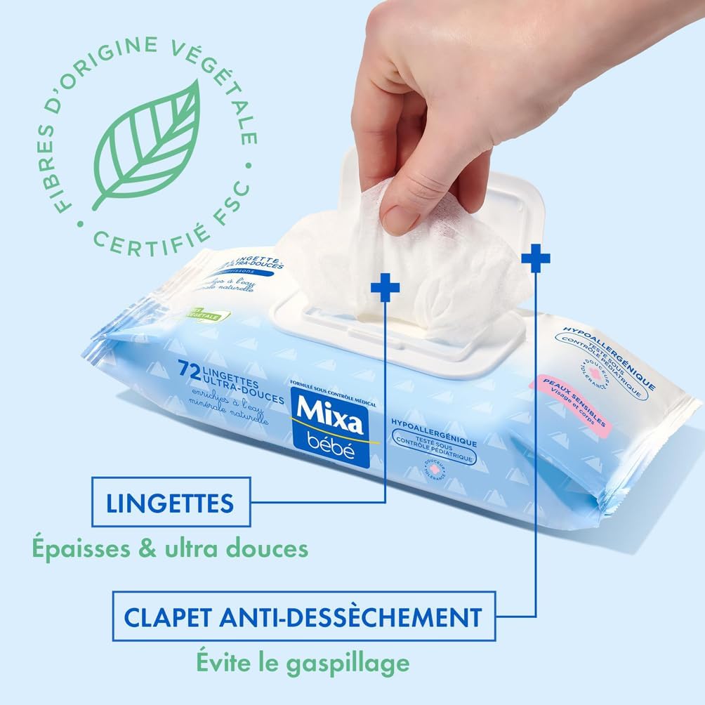 Mixa Bébé Lingettes à l'Eau Minérale Naturelle - Fibres Végétales - Hypoallergénique - Lot de 12 x 72 Lingettes