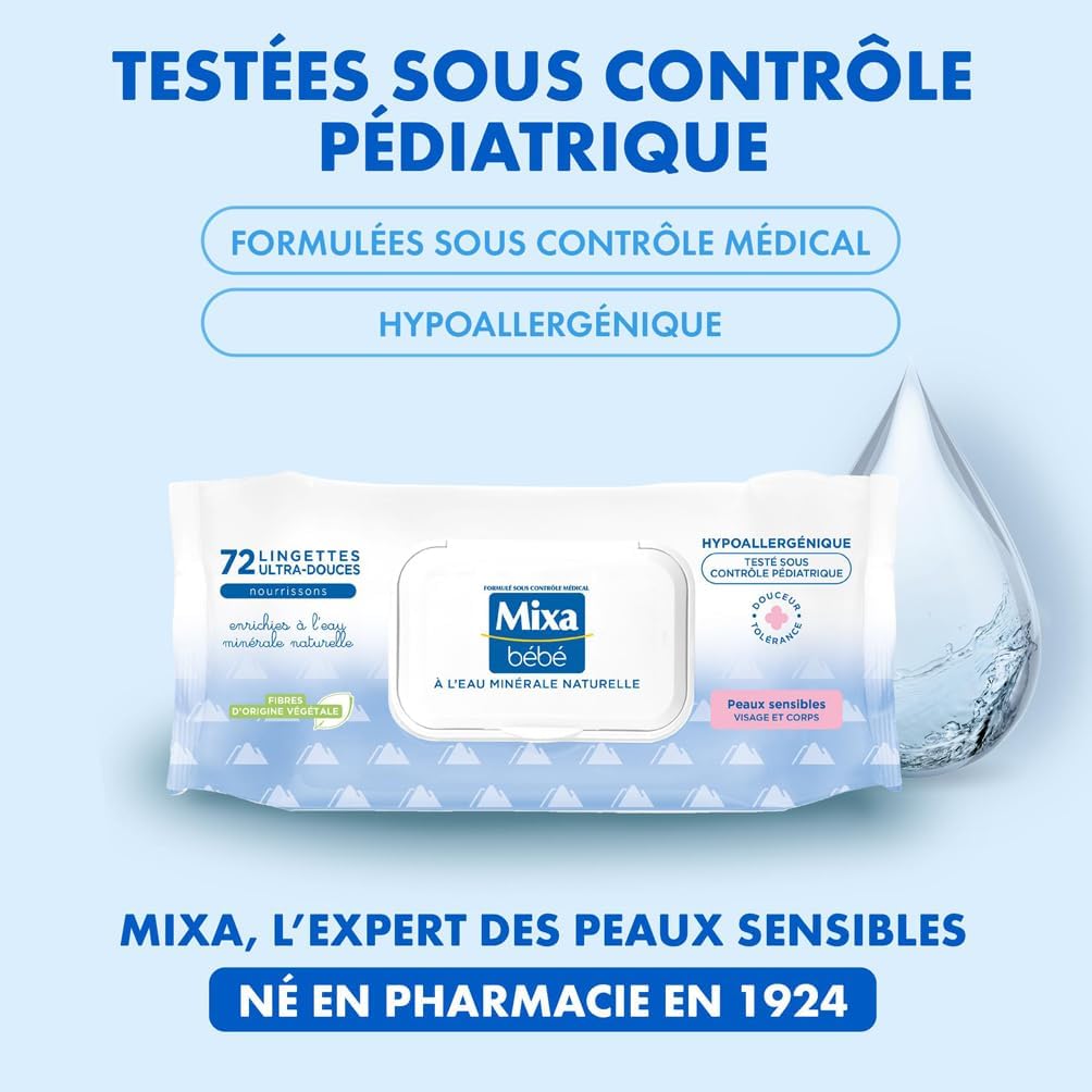 Mixa Bébé Lingettes à l'Eau Minérale Naturelle - Fibres Végétales - Hypoallergénique - Lot de 12 x 72 Lingettes