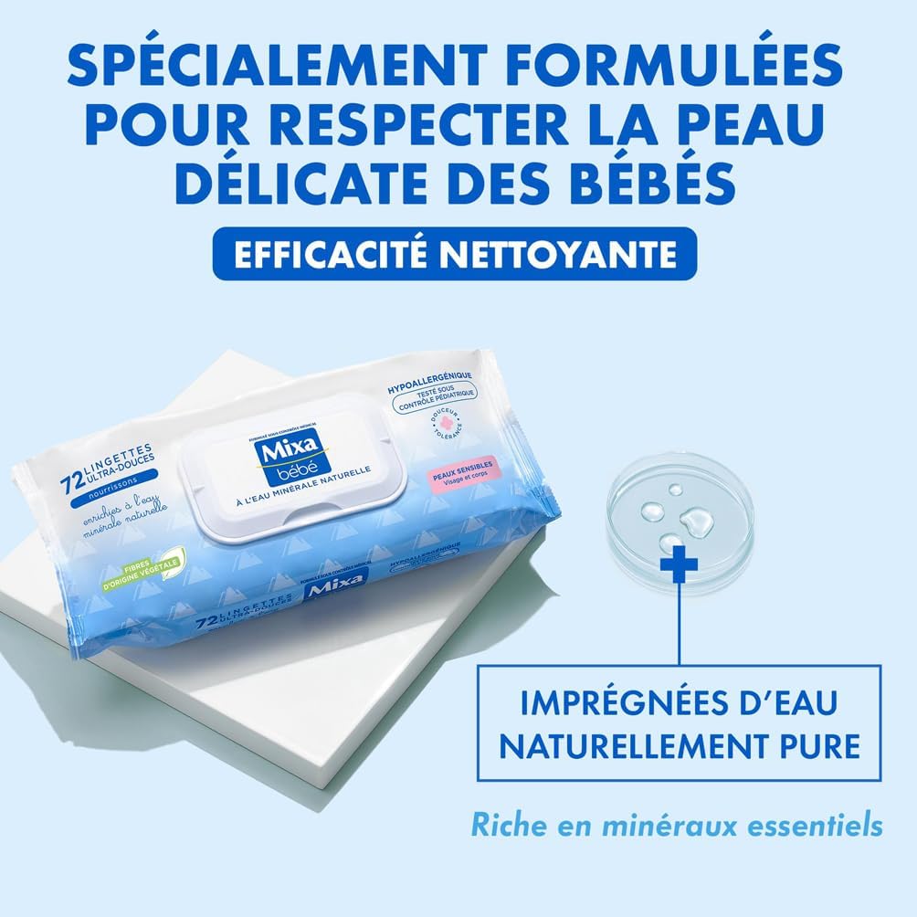Mixa Bébé Lingettes à l'Eau Minérale Naturelle - Fibres Végétales - Hypoallergénique - Lot de 12 x 72 Lingettes