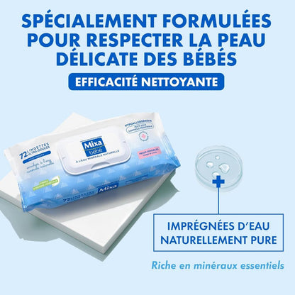 Mixa Bébé Lingettes à l'Eau Minérale Naturelle - Fibres Végétales - Hypoallergénique - Lot de 12 x 72 Lingettes